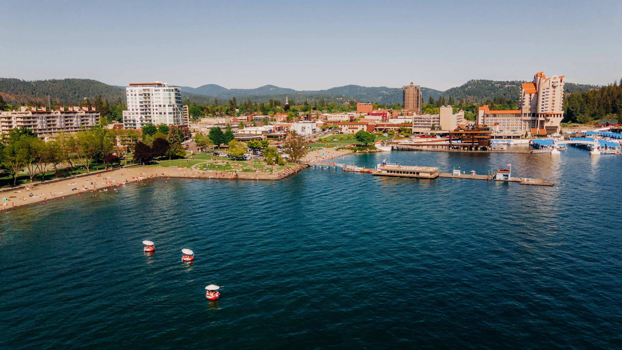 An aerial shot of Coeur d'Alene Lake Water Sports' boats.